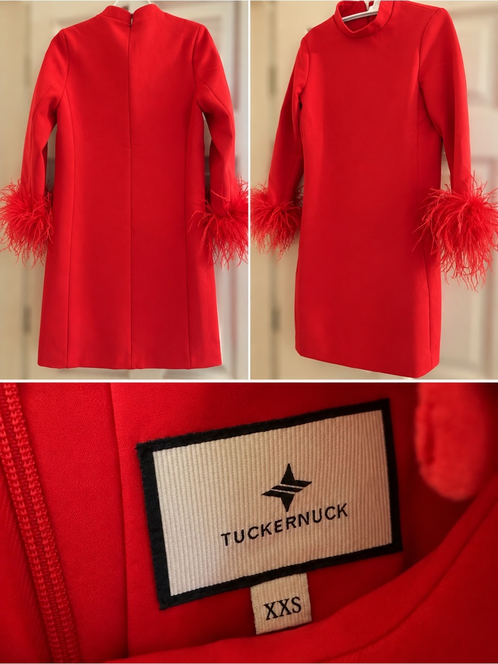 Tuckernuck Bright Red Feather-Cuff Shift Mini Dress